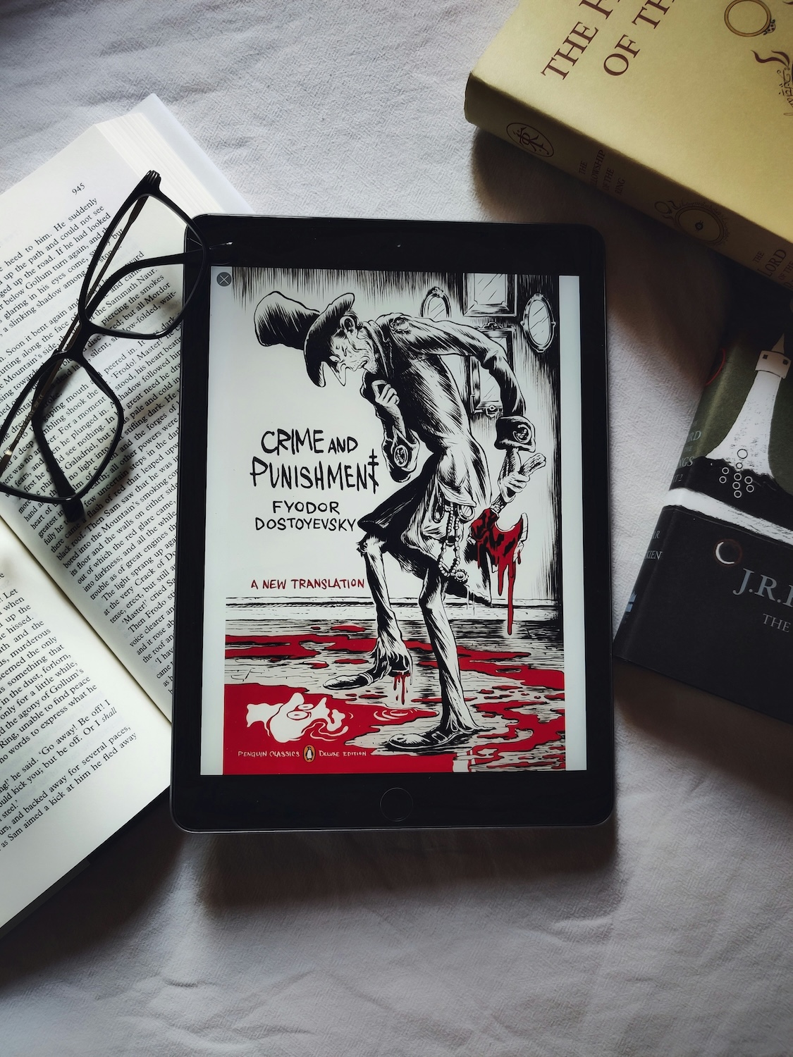 e-reader tablet with the cover of Crime and Punishment